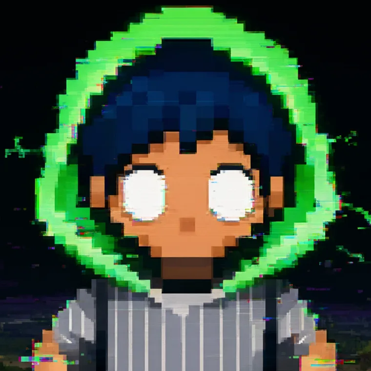 Hood-Born, a pixel agent with blue hair and a grey pinstripe shirt, its head ringed by a flickering green hood of static